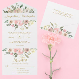 Invitation Tout En Un Élégant Mariage d'été Blush Pink Gold Floral