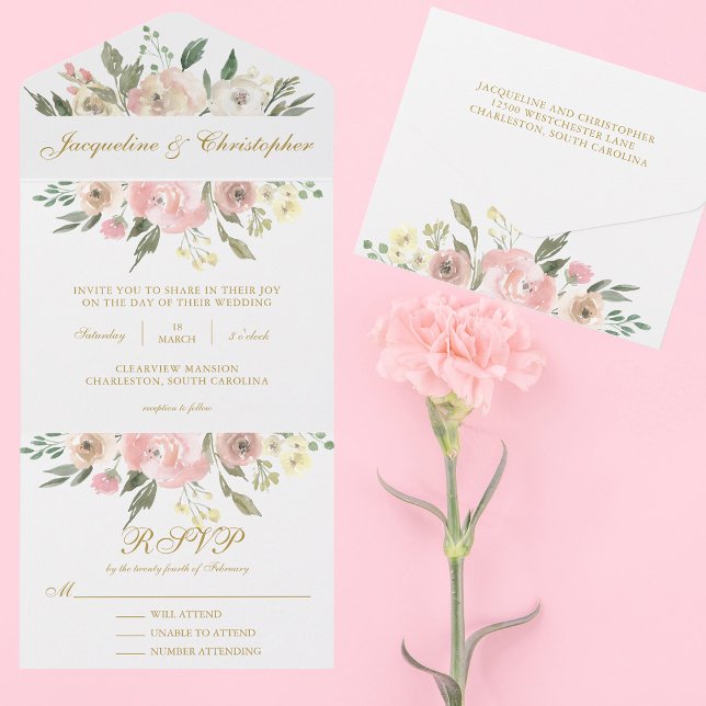 Invitation Tout En Un Élégant Mariage d'été Blush Pink Gold Floral (Créateur téléchargé)