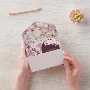 Invitation Tout En Un Élégant mariage d'été en acajou rouge floral Arc