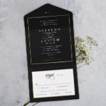 Invitation Tout En Un Élégant Mariage d'or Monogram<br><div class="desc">Cette Faire-part de mariage classique Elegant Gold est simple et polyvalente. Il présente un design chic blanc et noir avec un monogramme, des détails de script, un cadre or simple et un texte formel modifiable. Il y a une déchirure de la carte RSVP. Cliquez sur le bouton Modifier pour customiser...</div>