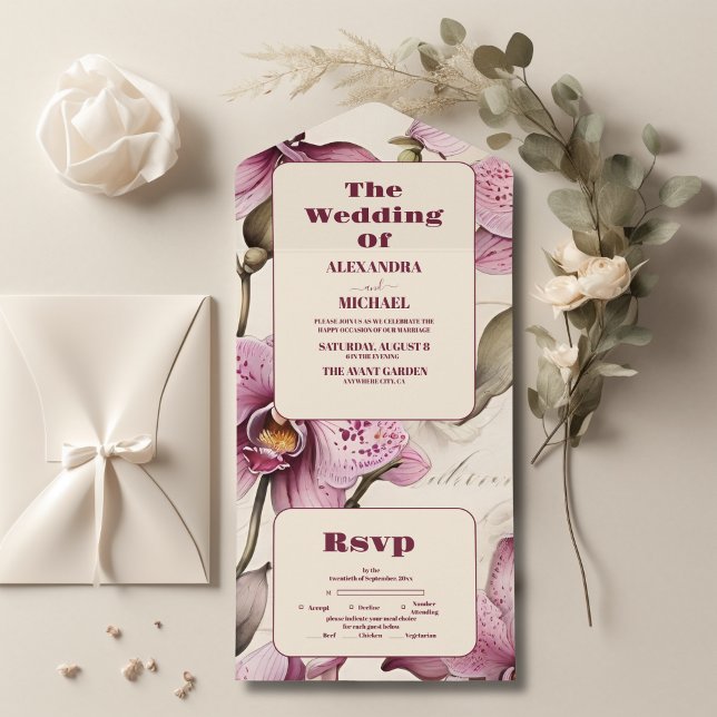 Invitation Tout En Un Elégant Mariage d'orchidée rose aquarelle (Créateur téléchargé)