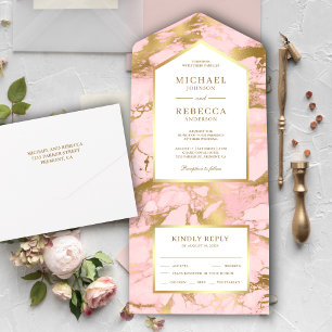 Invitation Tout En Un Élégant Mariage Faux Gold Foil en marbre rose clai