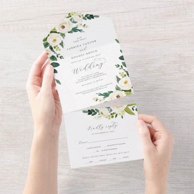 Invitation Tout En Un Élégant Mariage Floral Blanc Tout en un (Déchirure)