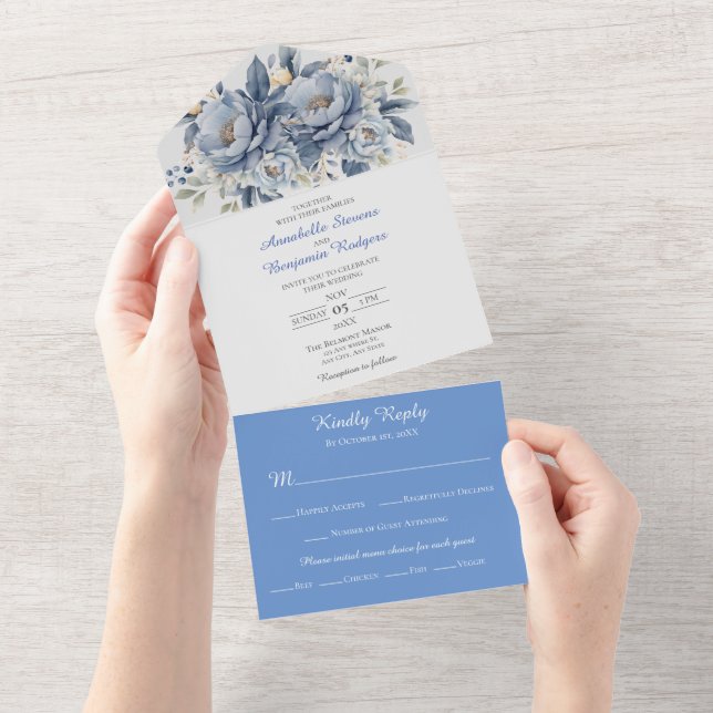 Invitation Tout En Un Élégant Mariage floral bleu blanc et gris (Déchirure)