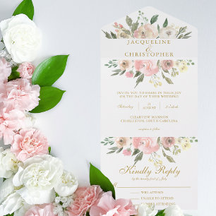 Invitation Tout En Un Élégant Mariage floral Blush Pink Gold Peony