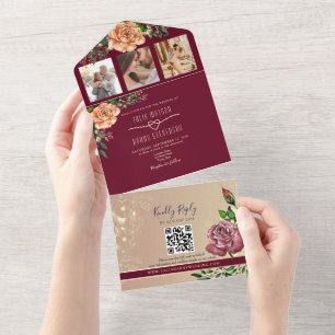 Invitation Tout En Un Élégant mariage floral bordeaux or rose 