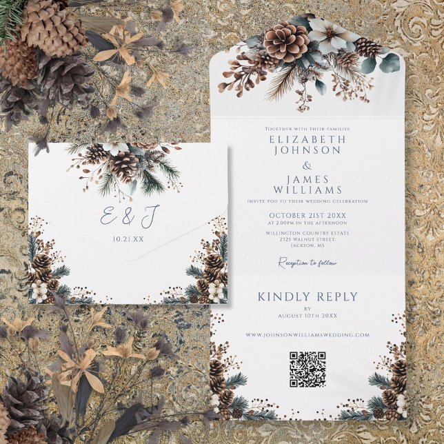 Invitation Tout En Un Élégant Mariage Floral Cône de Pin QR Code Rustiqu (Elegant Rustic Floral Pinecone QR Code Wedding All In One Invitation)