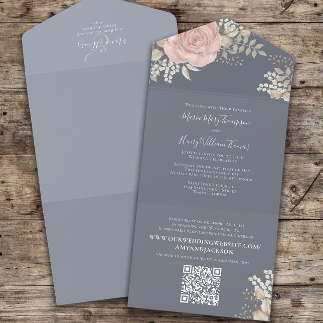Invitation Tout En Un Élégant Mariage floral Dusty Blue (Créateur téléchargé)
