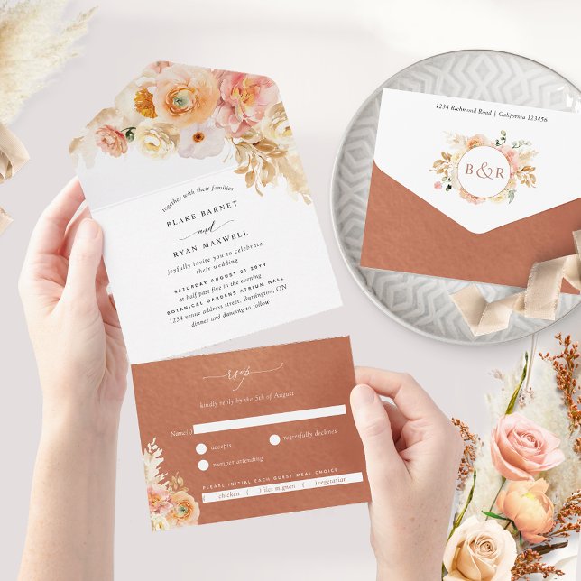 Invitation Tout En Un Élégant Mariage floral en terre cuite avec RSVP (Créateur téléchargé)