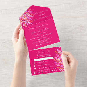 Invitation Tout En Un Elégant Mariage floral Magenta Fuchsia