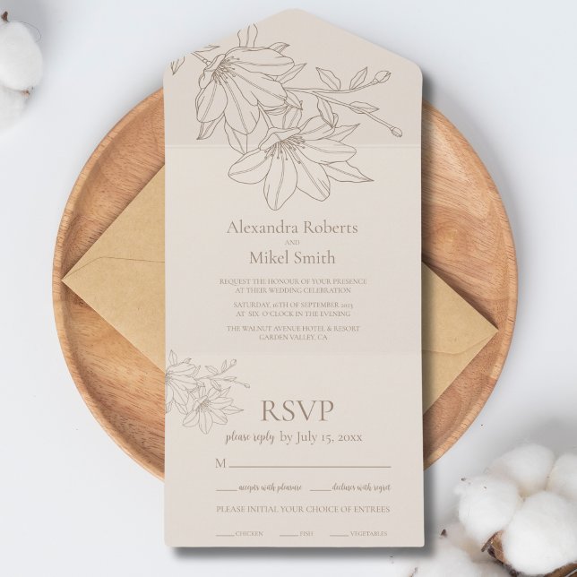 Invitation Tout En Un Élégant Mariage floral moderne Beige Lineart (Créateur téléchargé)