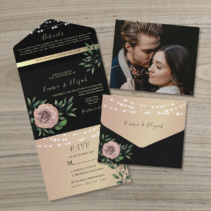 Invitation Tout En Un Élégant Mariage floral noir et rose