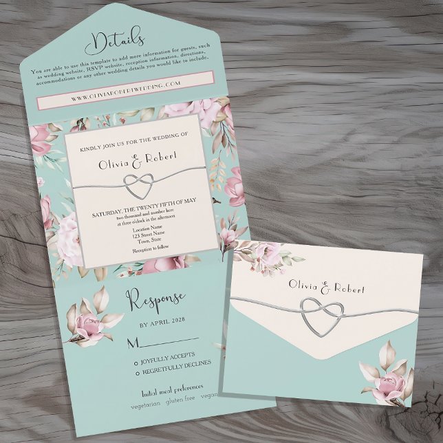 Invitation Tout En Un Élégant Mariage floral Pastel rose et bleu (Créateur téléchargé)