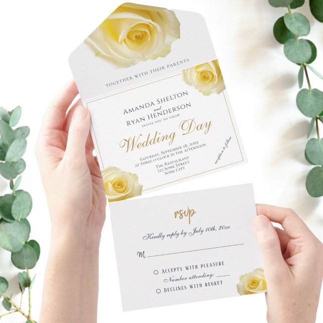 Invitation Tout En Un Élégant Mariage floral rose jaune (Créateur téléchargé)