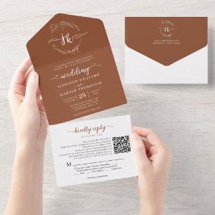 Invitation Tout En Un Élégant Mariage Floral Terracotta Monogram QR Code