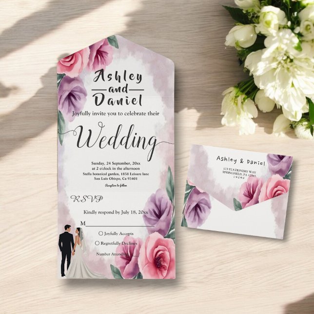 Invitation Tout En Un Elégant Mariage floral violet Dusty (Créateur téléchargé)