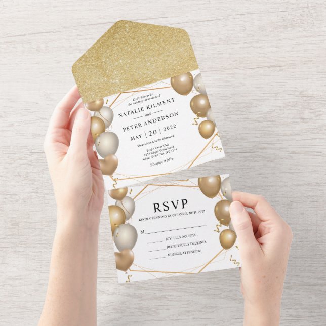 Invitation Tout En Un Élégant Mariage Gold et White Balloons Gold Frame (Déchirure)