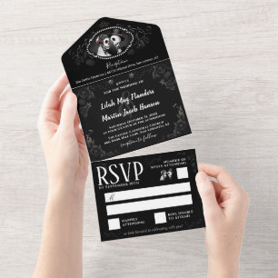 Invitation Tout En Un Elégant Mariage gothique Skeletons noir & blanc