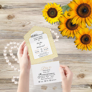 Invitation Tout En Un Élégant mariage islamique moderne OR ET BLANC