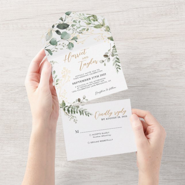 Invitation Tout En Un Élégant Mariage Monogramme Eucalyptus Végétal Doré (Déchirure)