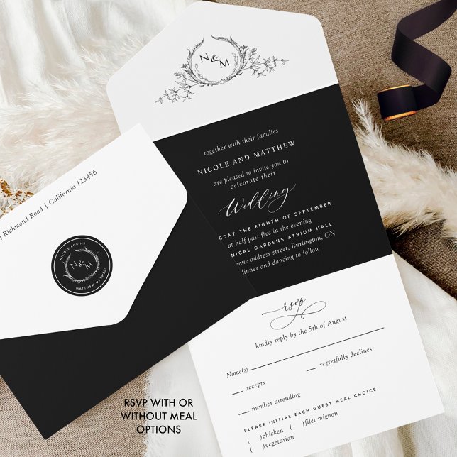 Invitation Tout En Un Élégant Mariage Monogramme noir et blanc avec RSVP (Créateur téléchargé)