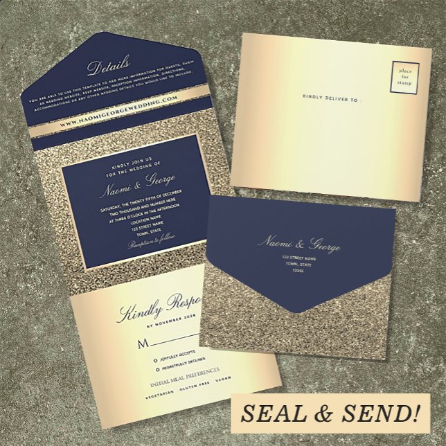 Invitation Tout En Un Élégant mariage Navy et Or (Créateur téléchargé)