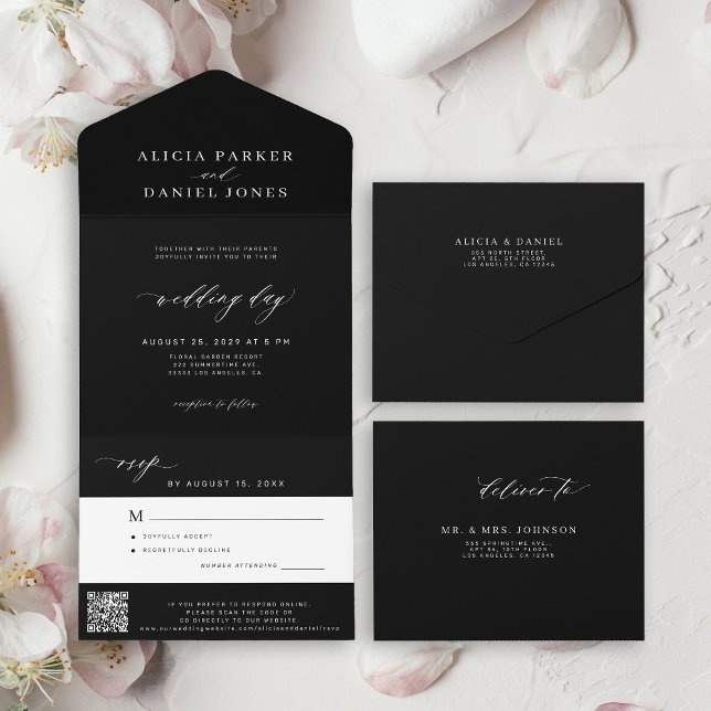 Invitation Tout En Un Elégant mariage noir code RSVP QR (Créateur téléchargé)