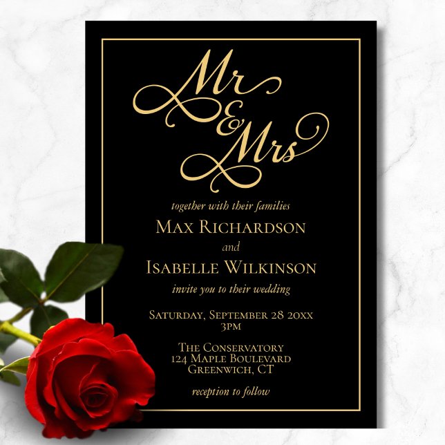 Invitation Tout en un Élégant Mariage noir et or (Chic elegant all in one black and gold wedding invitation, mr and mrs, script calligraphy typography)