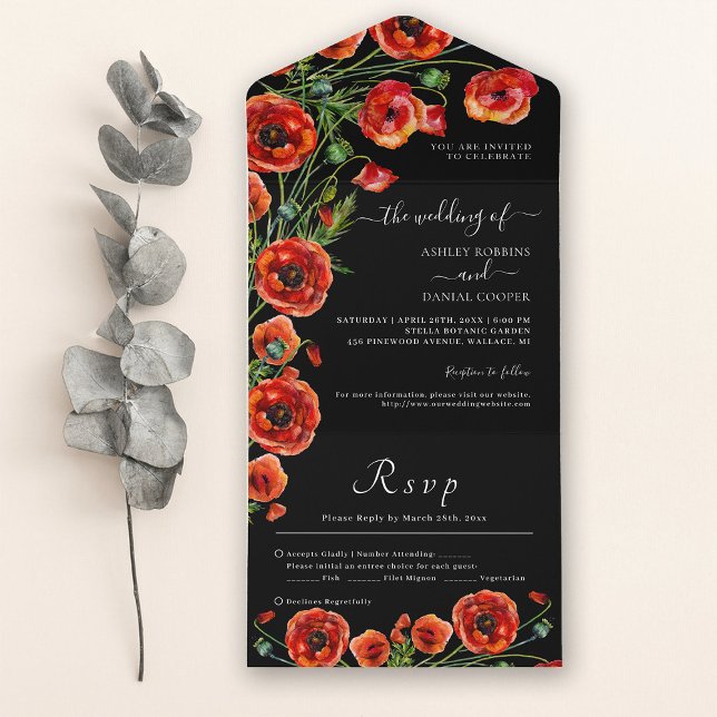 Invitation Tout En Un Élégant Mariage noir rouge floral (Créateur téléchargé)