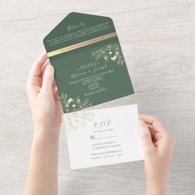 Invitation Tout En Un Élégant Mariage Olive Green Gold (Déchirure)