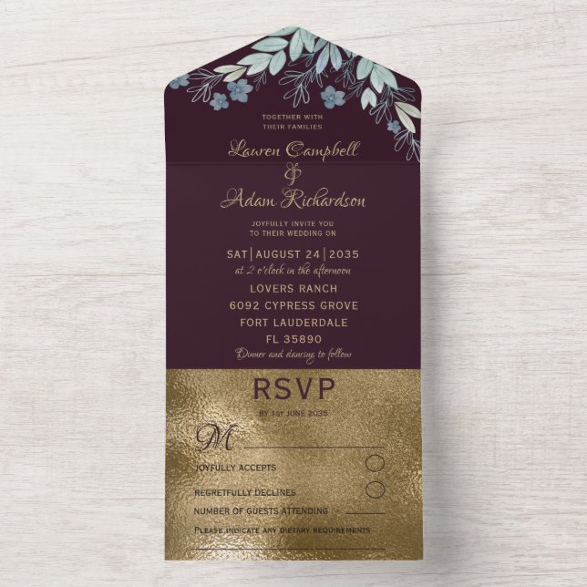 Invitation Tout En Un Élégant Mariage or de Bourgogne et de Faux (À l'intérieur)