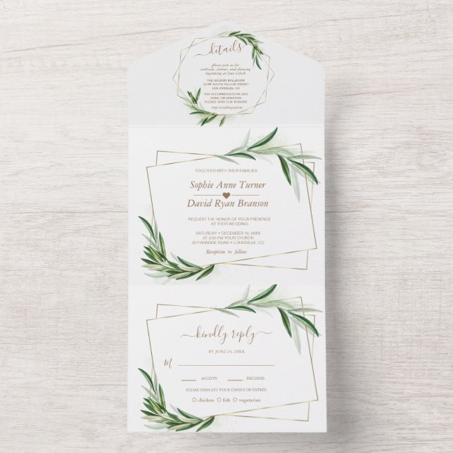 Invitation Tout En Un Élégant Mariage or de verdure d'olive (À l'intérieur)