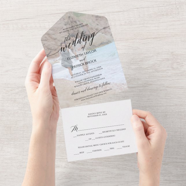 Invitation Tout En Un Élégant Mariage photo de calligraphie noire (Déchirure)