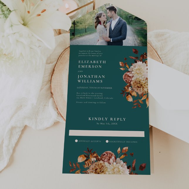 Invitation Tout En Un Élégant Mariage photo rustique (Elegant Rustic Teal Floral Photo Wedding All In One Invitation by Painted Paperie
)
