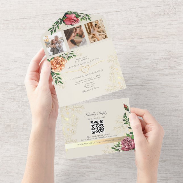 Invitation Tout En Un Élégant Mariage rose orange (Déchirure)