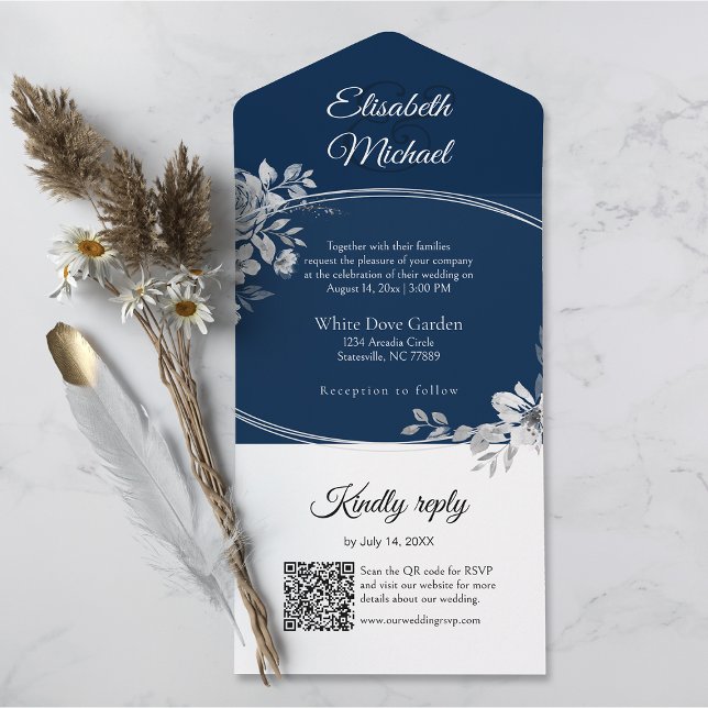 Invitation Tout En Un Elégant Marine bleu QR Code Monogramme Mariage RSV (All-in-one wedding invitation with QR code to RSVP - Simplify and save time for you and your guests.)