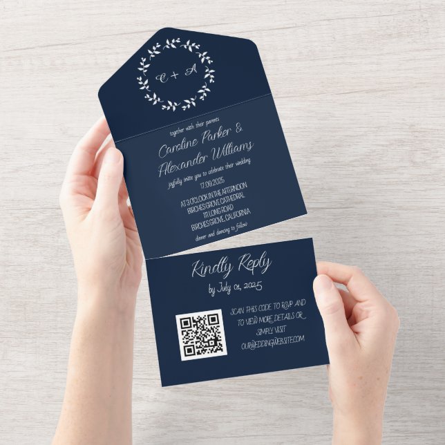 Invitation Tout En Un Élégant Marine Bleu Script moderne RSVP QR Code Al (Déchirure)