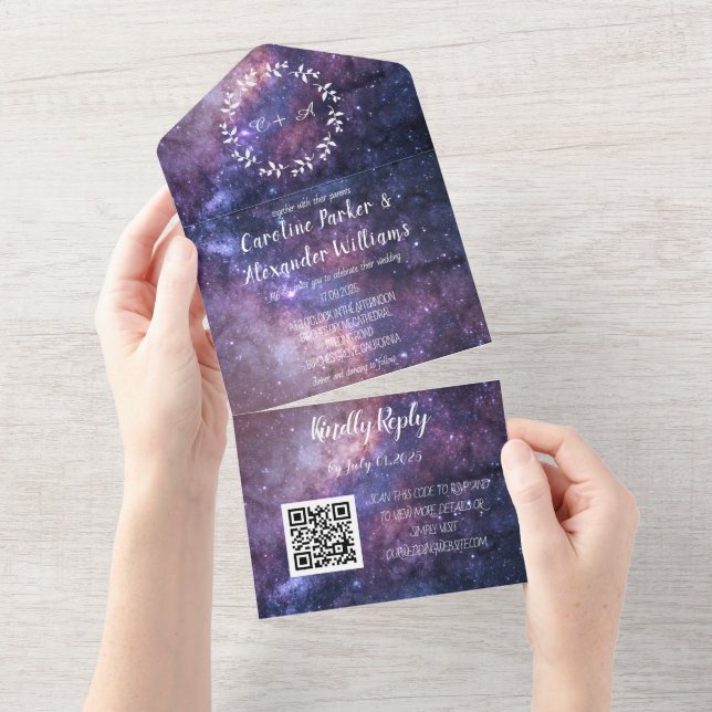 Invitation Tout En Un Elégant Marine Blue Galaxy Moderne RSVP QR Code Al (Déchirure)