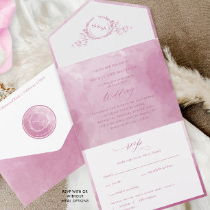 Invitation Tout En Un Elégant Mauve et Mariage de monogramme rose