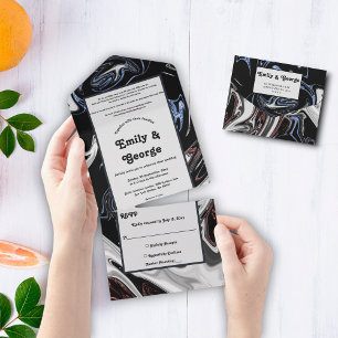 Invitation Tout En Un Élégant minimal noir blanc bleu Abstrait Mariage