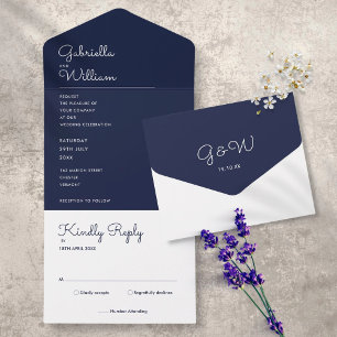 Invitation Tout En Un Élégant minimaliste marine Mariage de monogramme b