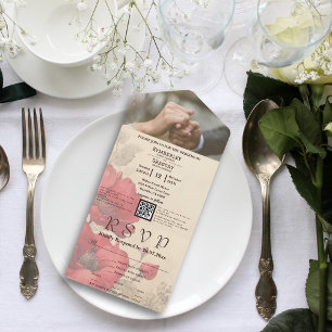 Invitation Tout En Un Élégant minimaliste rouge floral pavot QR Code pho