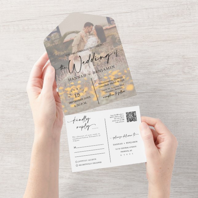 Invitation Tout En Un Elegant Modern Navy Blue Boho Arch QR Code Photo  (Déchirure)