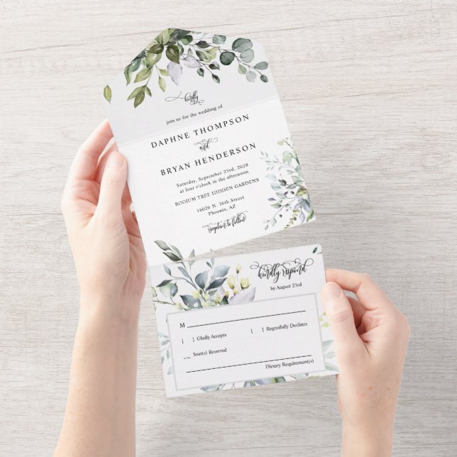 Invitation Tout En Un Elégant moderne Boho Green Mariage Photo (Déchirure)
