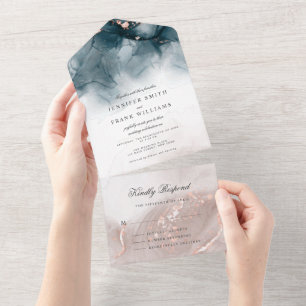 Invitation Tout En Un Élégant moderne Encre d'alcool Or Blush Bleu Minim