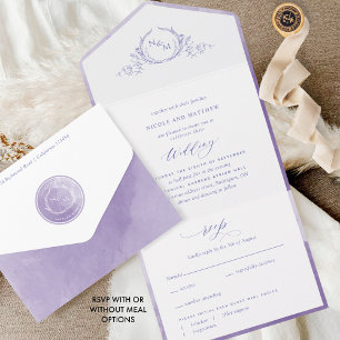 Invitation Tout En Un Élégant Monogram Lavender Lilac Mariage d'aquarell
