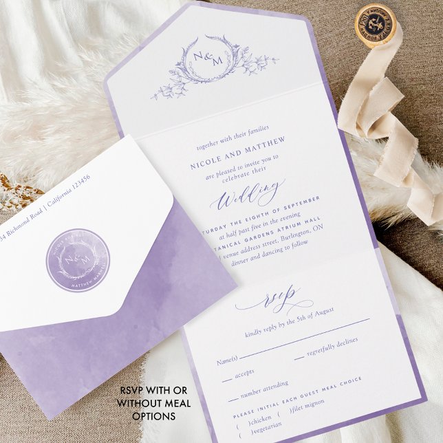 Invitation Tout En Un Élégant Monogram Lavender Lilac Mariage d'aquarell (Créateur téléchargé)