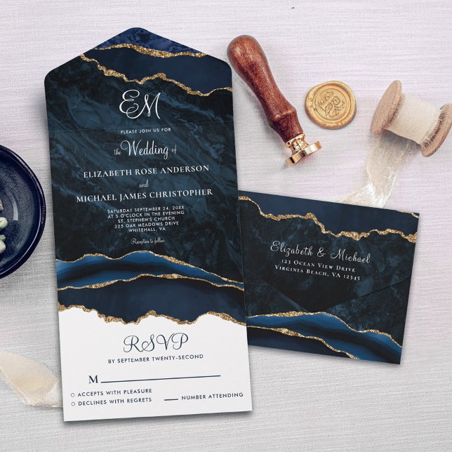 Invitation Tout En Un Élégant Monogram Marine Blue Agate Mariage (Créateur téléchargé)