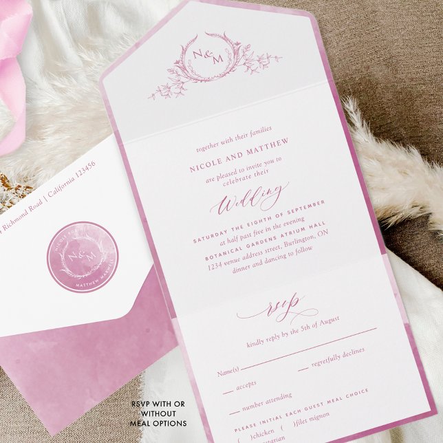 Invitation Tout En Un Élégant Monogram Mauve et Mariage d'aquarelle rose (Créateur téléchargé)