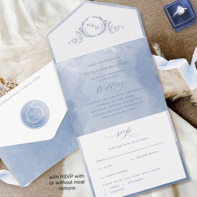 Invitation Tout En Un Elegant Monogramme Aquarelle Bleu Poussiéreux Mari (Créateur téléchargé)